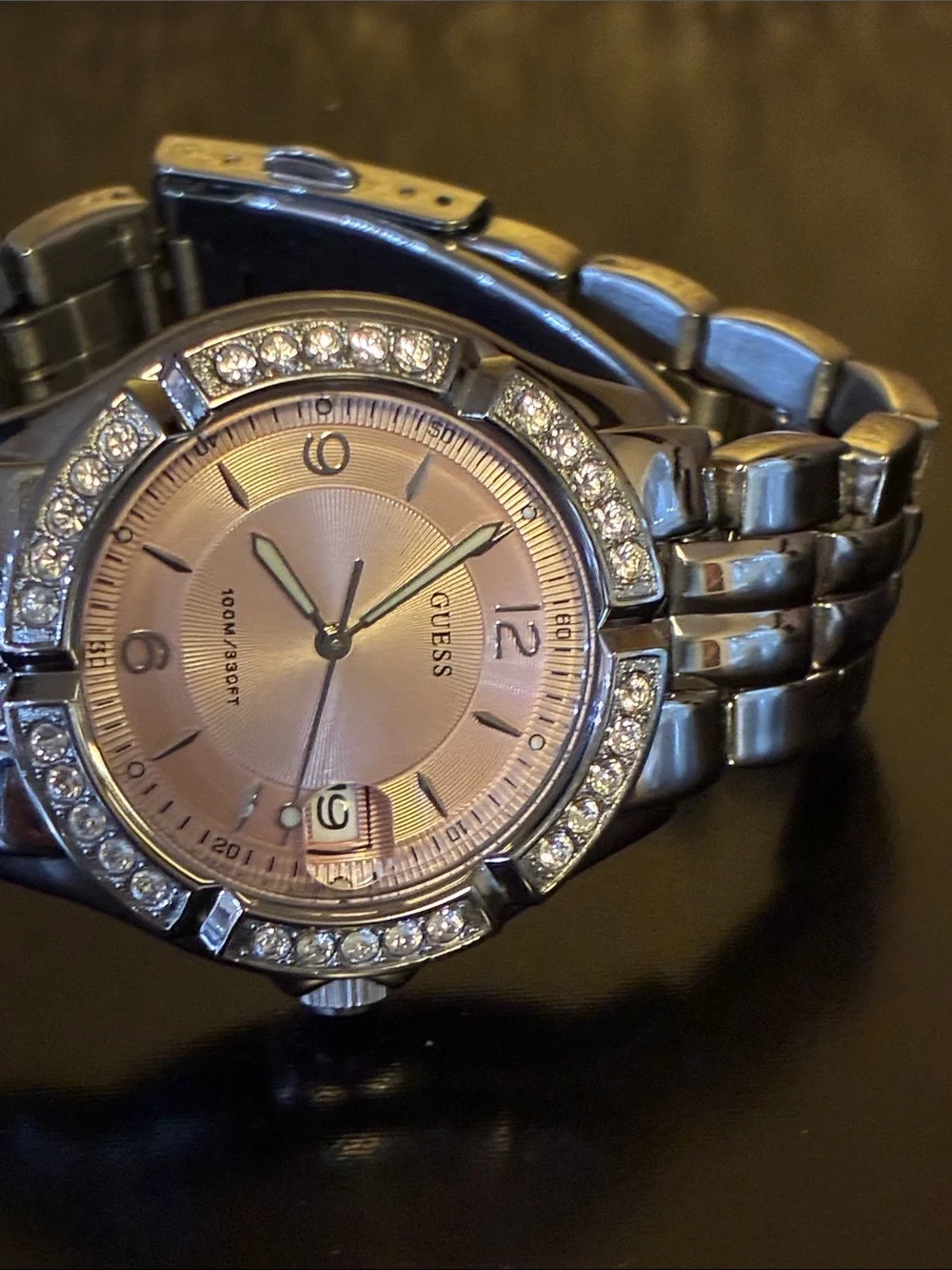 GUESS Silver Bracelet Watch with Pink Dial and Crystal Bezel-PARTS